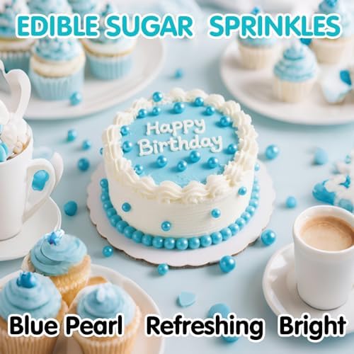 Edible Pearl Sprinkles,Blue Pearl Sugar Sprinkles,130g/4.58oz Mix Size,Baking Edible Cake Decorations,Cupcake Toppers,Cookie Decorating Donuts Ice Cream Toppings,Wedding Birthday Mother's Day Easter Holiday Baby Shower Party Supplies