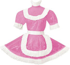 Men Sissy Crossdresser Clear PVC Short Puff Sleeve Pleated A-Line Lolita Maid Dress for Role Play Theme Party