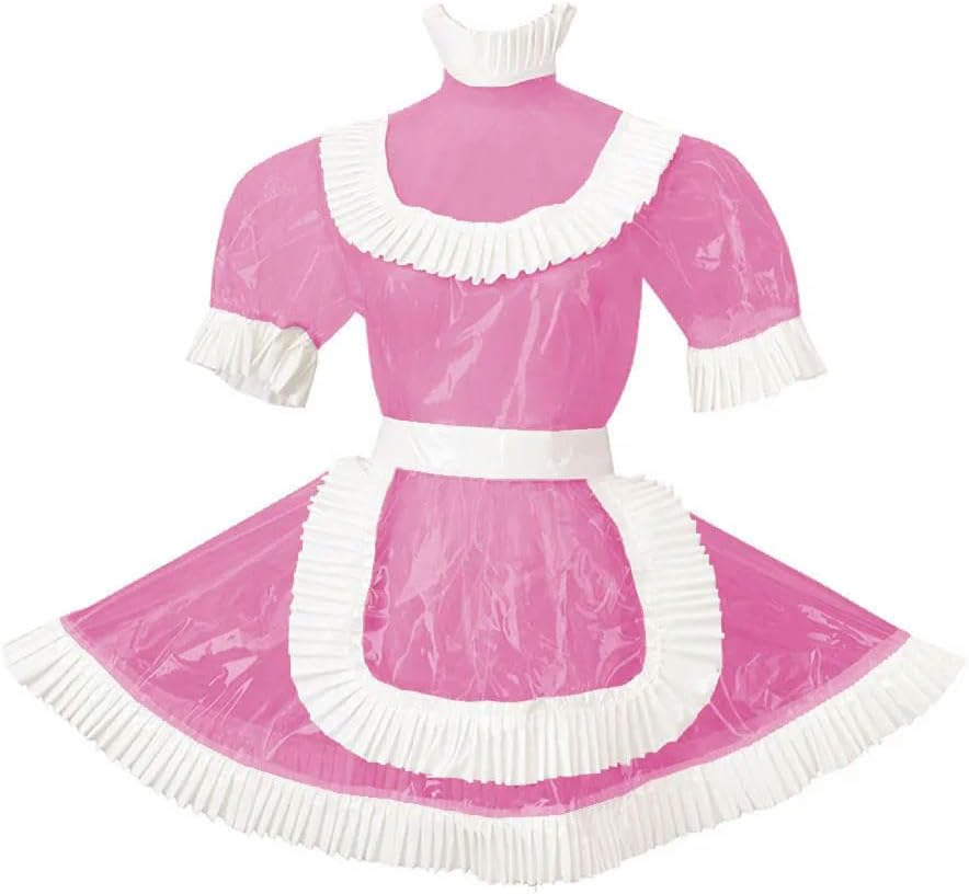 Men Sissy Crossdresser Clear PVC Short Puff Sleeve Pleated A-Line Lolita Maid Dress for Role Play Theme Party