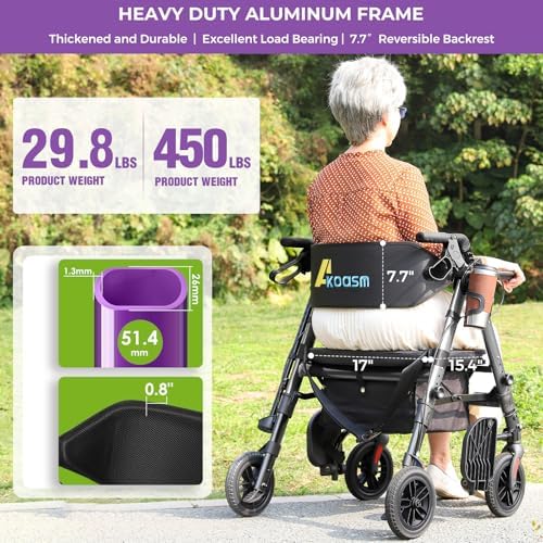 Heavy Duty Rollator Walkers for Seniors with Seat, Foldable 2 in 1 Rolling Walker Wheelchair Combo for Adult, All Terrain Wheels, Adjustable Transport Chair with Brake, 450 lb. Weight Capacity, Purple