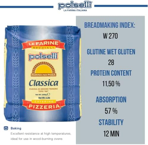 POLSELLI Classica, Tipo "00" Double Zero Flour Extra Fine, 11 lbs (5 kg), Neapolitan Italian Pizza, Bread, Pasta, and more, All Natural, Unbleached, Unbromated, No Additives