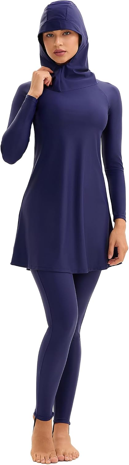 OBEEII Women Long Sleeve Muslim Swimsuit Modest Rash Guard Full Coverage Swimwear Surf Burkini Swim Dress with Pants Hijab