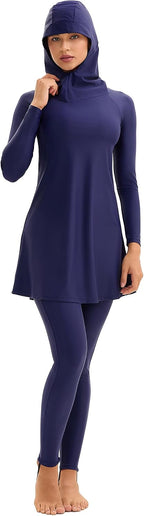 OBEEII Women Long Sleeve Muslim Swimsuit Modest Rash Guard Full Coverage Swimwear Surf Burkini Swim Dress with Pants Hijab