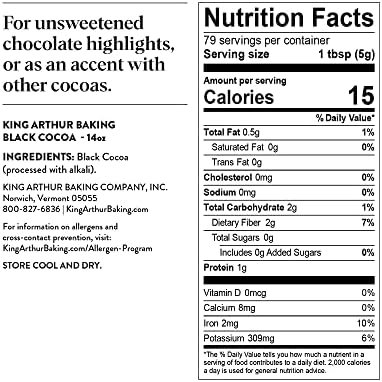 King Arthur Black Cocoa: Dutch Processed Cocoa Powder for Baking - Intense Dark Chocolate Flavor, Unsweetened, Perfect for Cakes, Cookies & Frosting - 14 oz Resealable Bag