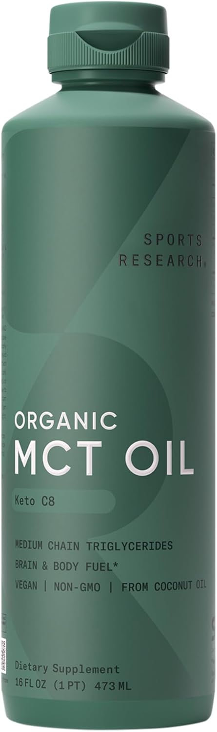 Sports Research Organic MCT Oil - Vegan & Keto C8, MCTs from Coconuts - Fatty Acid Brain & Body Fuel, Non-GMO & Gluten Free - Flavorless Oil, Perfect in Coffee, Tea & Protein Shakes - 16 oz