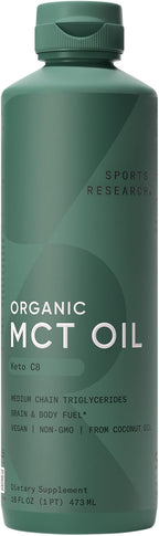 Sports Research Organic MCT Oil - Vegan & Keto C8, MCTs from Coconuts - Fatty Acid Brain & Body Fuel, Non-GMO & Gluten Free - Flavorless Oil, Perfect in Coffee, Tea & Protein Shakes - 16 oz
