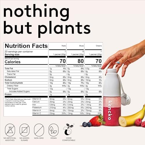 kencko Instant Smoothie Powder Mix Variety Packets, 20 Pack - Reds, Blues & Greens - Healthy Freeze-Dried Fruit & Veggie Superfood Powdered Drink Mix - Plant-based, Vegan, Dairy Free & No Added Sugar