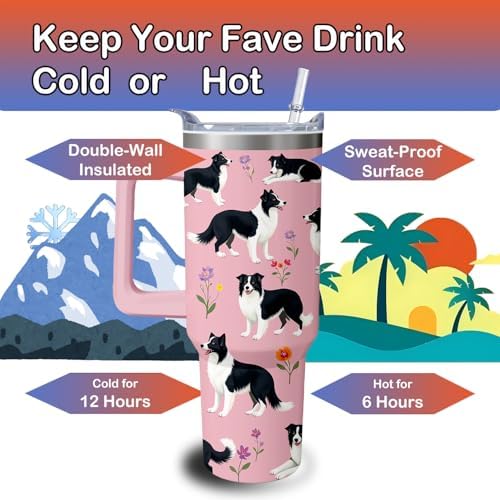 40oz Border Collie Dog Tumbler with Handle and Straw, Cute Stainless Steel Insulated Cup with Lid and Straw, Travel Coffee Mug Water Bottle, Birthday Mothers Day Gifts for Women Men Animal Lovers