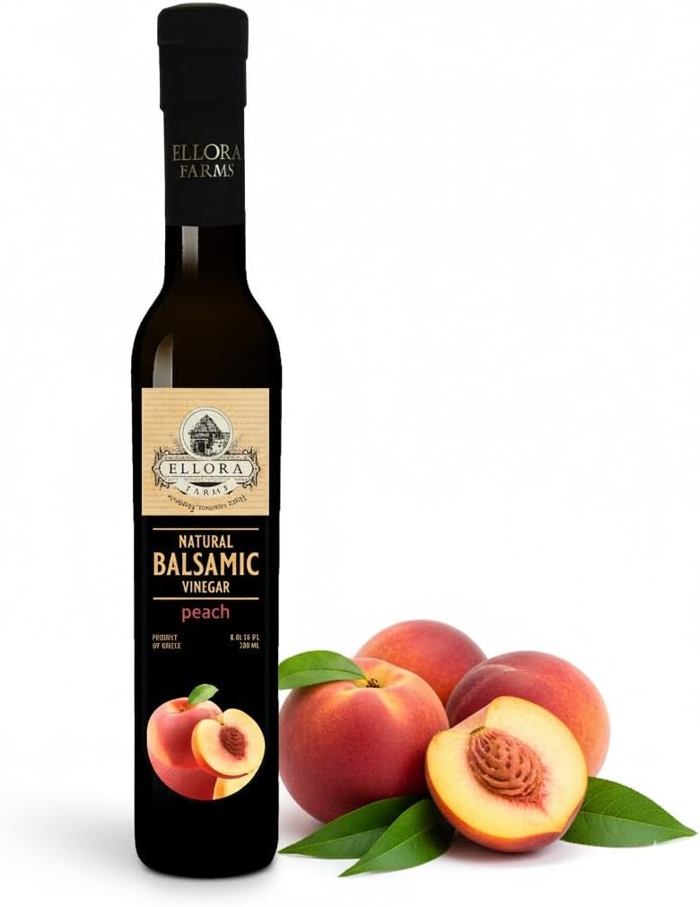 Ellora Farms, Peach Infused Balsamic Vinegar, Great Taste Award, thick and creamy, no-added sugars, no-preservatives, 8.45 oz. bottle, (Peach)