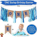 Baby Boy 1st Birthday Decorations With Birthday Crown - First Birthday Boy Decorations - Cake Smash Party Supplies - Happy Birthday and HighChair One Burlap Banner, Number One Balloon, Cake Topper.