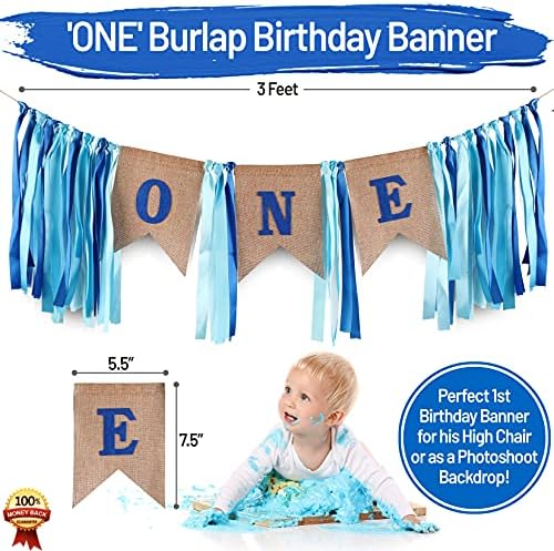 Baby Boy 1st Birthday Decorations With Birthday Crown - First Birthday Boy Decorations - Cake Smash Party Supplies - Happy Birthday and HighChair One Burlap Banner, Number One Balloon, Cake Topper.