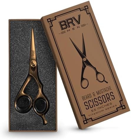 Facial Hair Scissors for Men | Titanium Series | Mustache & Beard Trimming Scissors | 5.5 inches l Sharp & Precise Grooming | Razor Edge Barber Scissor (RIGHT HANDED - titanium bronze)