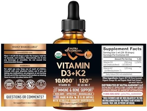Vitamin D3 K2 USDA Organic Drops - Vitamin D3 10000 IU & K2 as MK-7 120mcg - Immune & Mood Support, Bone & Teeth Health - Sugar-Free Orange Flavor - Liquid Supplement - Made in USA - 2 FL OZ, 60 Days