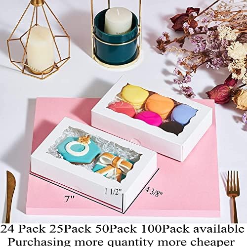 RomanticBaking 24 Pack 7 x 4 3/8 x 1 1/2 inches Cookies Boxes for 2, Auto-Popup Macaron Boxes for 6, Bakery Boxes, High Visibility White Paper Food Box with Clear Window