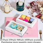 RomanticBaking 24 Pack 7 x 4 3/8 x 1 1/2 inches Cookies Boxes for 2, Auto-Popup Macaron Boxes for 6, Bakery Boxes, High Visibility White Paper Food Box with Clear Window