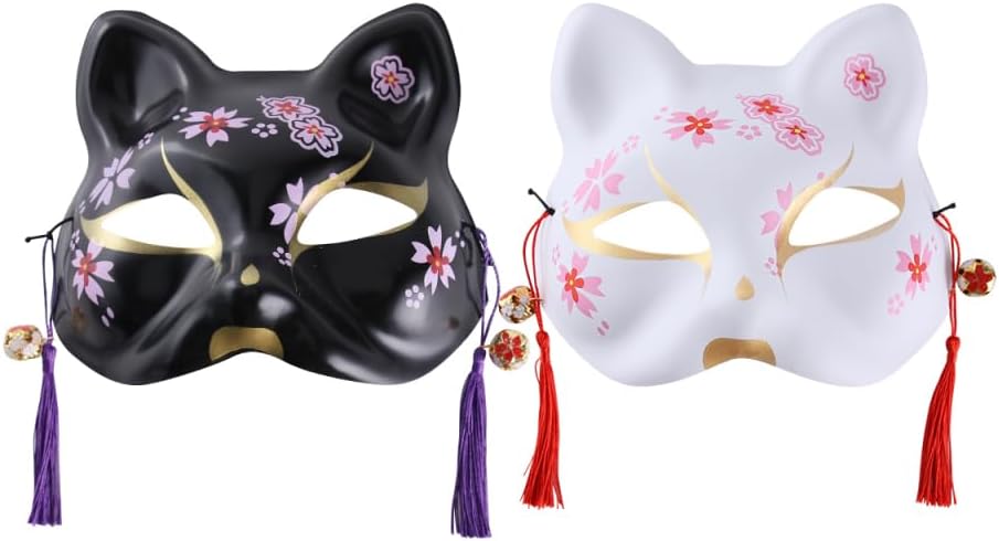 Holibanna 2Pcs Japanese Styled Cat Masks for Halloween Hand Painted Half Face Cosplay Masks with Tassels and Bells Cat Animal Facemasks Assecories For Halloween Masquerade Drama Costume Dress Up