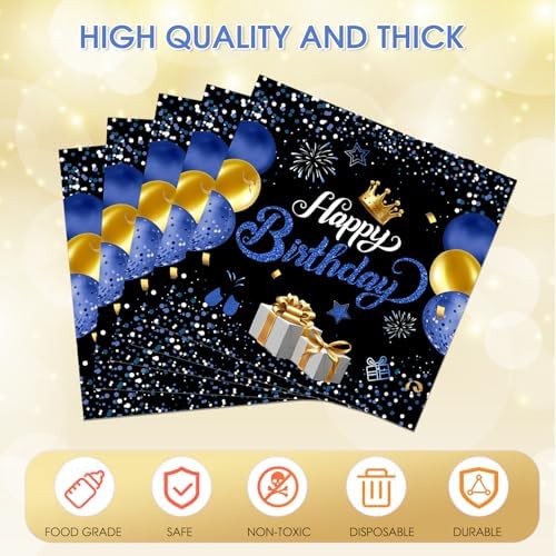 40PCS Happy Birthday Napkins Black and Blue Theme Disposable Paper Napkins for Dinner Picnic Birthday Party Supplies Decorations for Man Woman