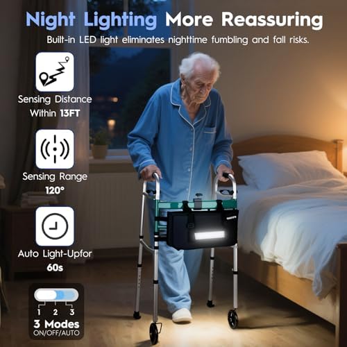 Foldable Walker with 360° Swivel Wheels & Motion Sensor Light, Lightweight Adjustable Height Rolling Walker for Seniors & Adults, Travel-Friendly Walking Frame with Large Storage Bag