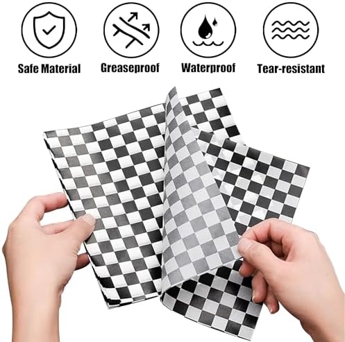 100Pcs Wax Paper Sheets for Food, 7x7 Inch Black and White Checked Deli Paper Lines for Plastic Food Basket, Grease Resistant for Wrapping Bread Burgers and Sandwiches