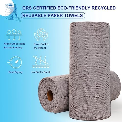 Reusable Paper Towels Washable Roll: 50Pack Paperless Paper Towels Tear Away 12x12In Absorbent Cloth Towels Reusable Washable for Kitchen Zero Waste (Gray)