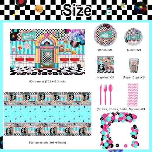 50s Party Decorations 280 PCS 1950s Retro Diner Decorations Sock Hop Backdrop Balloons Plates Napkins Cups Tablecloth Grease Music Party Supplies Serve 24