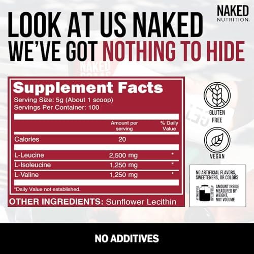 NAKED BCAAs Amino Acids Powder, Only 1 Ingredient, Pure 2:1:1 Formula, Vegan Unflavored Branched Chain Amino Acids, Instantized All Natural BCAA Supplement - 500 Grams, 100 Servings