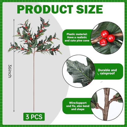 36 Inch Large Red Holly Branches 3 Pcs Christmas Burgundy Berry Stems Faux Artificial Holly Stems Cranberry Picks for Christmas Tree Decoration DIY Winter Home Vase Filler