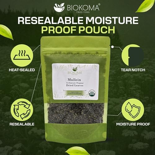 Biokoma Organic Mullein Dried Leaves 50g 1.76oz Verbascum thapsus USDA Organic Herbal Tea Lung Detox Respiratory Support Immunity Resealable Pouch Pure Caffeine-Free No Preservatives No GMO Kosher