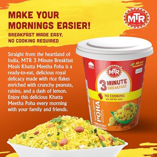 MTR 3minute Khatta Meetha Poha - Ready-to-Cook Mix - Authentic Indian Food in Just 3 Minutes - 100% Vegetarian - No Added Preservatives - Just Add Hot Water - Quick & Easy ( (Khatta Meetha Poha Cuppa - 80g, Pack of 6)