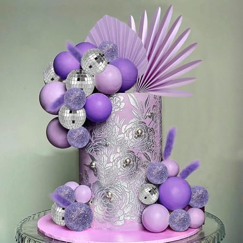 38 PCS Balls Cake Toppers Palm Leaves Cake Decorations for Birthday Wedding Baby Shower Party Supplies (Purple)
