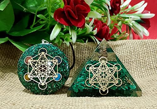 Metatron Grid Green Malachite Orgone Pyramid & Metatron’s Cube Merkaba With 7 Chakra Crystals Orgone Pendant Positive Energy Generator Aura Cleansing Reiki Chakra Healing Yoga Meditation
