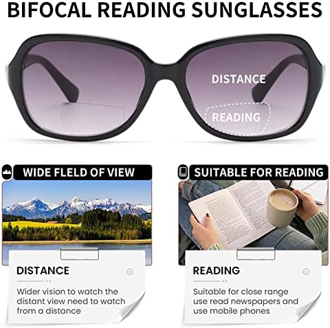 JM Bifocal Reading Sunglasses for Women Vintage Reader Glasses UV Protection Outdoor Black +2.0