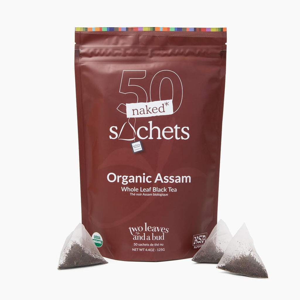 Two Leaves and a Bud Organic Assam - 50 Naked Tea Sachets, Whole Leaf Black Tea in Eco-Friendly Unwrapped Compostable Sachets, Resealable Bag, 50 Count (Pack of 1)