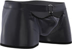 Men Soft Leather Boxer, Sexy Short Pants Bulge Pouch, Shiny Matte, Plus Size, Black