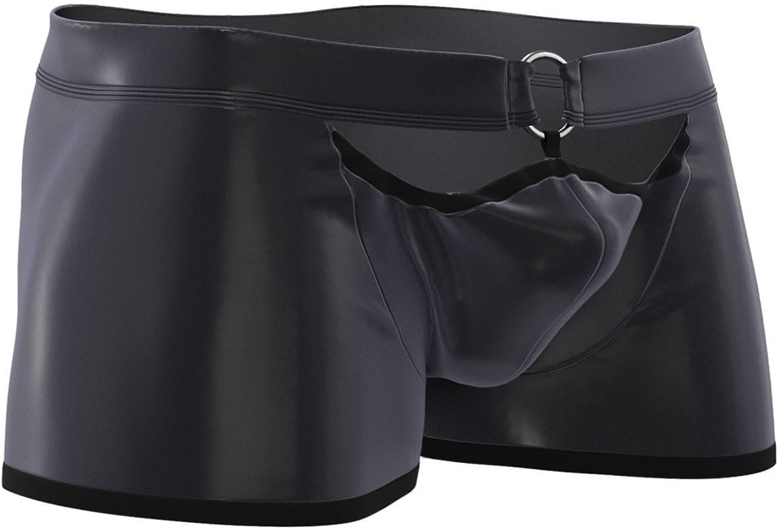 Men Soft Leather Boxer, Sexy Short Pants Bulge Pouch, Shiny Matte, Plus Size, Black