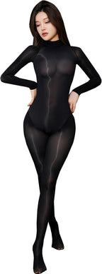 LESOYA Women Men Long Sleeve Bodysuit Sheer Catsuit High Collar Oil Shiny Bodystocking Silky Full Body Stocking