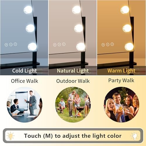 Kotdning Vanity Mirror with Lights,Lighted Vanity Mirror with 9 Dimmable Bulbs for Dressing Room & Bedroom,3 Color Lighting,Modes Detachable 10x Magnification 360°Ratation (Black) 12" L x 14.4" W
