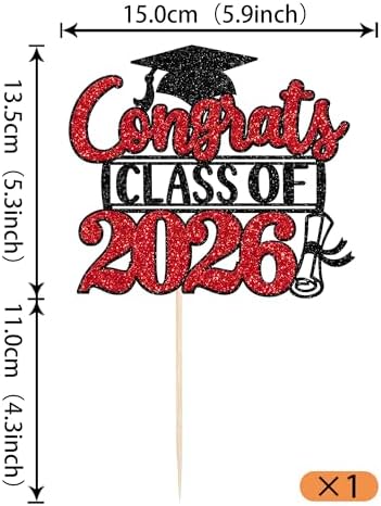 Rsstarxi 1 Pack Congrats Class of 2026 Cake Topper Glitter Congrats Class of 2026 Graduation Cap Diploma Cake Pick 2026 Graduation Theme Party Cake Decorations Supplies Black Red