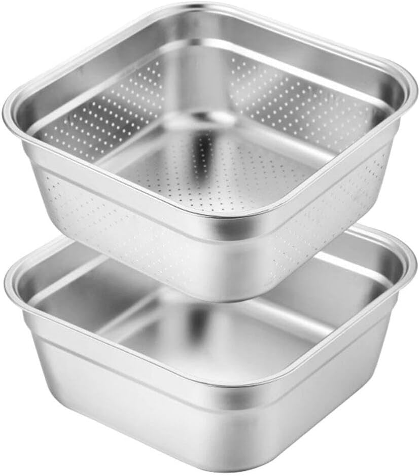 Zerodeko Fine Mesh Colander with Basin 9.05 Inch Square Stainless Steel Vegetable Fruit Drain Basket and Mixing Basin for Kitchen Washing and Food Straining