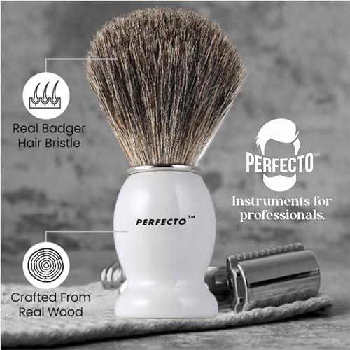 Perfecto 100% Pure Badger Shaving Brush-White Handle, Gift for Dad, Engineered for the Best Shave of Your Life. For Fathers Day Gift, Safety Razor, Double Edge Razor, Straight Razor, Shaving Razor