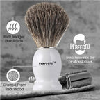Perfecto 100% Pure Badger Shaving Brush-White Handle, Gift for Dad, Engineered for the Best Shave of Your Life. For Fathers Day Gift, Safety Razor, Double Edge Razor, Straight Razor, Shaving Razor