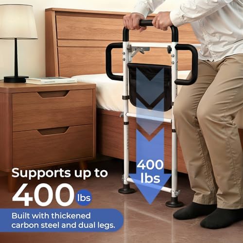 Height Adjustable Bed Rail for Elderly Adults, Adjustable Bed Assist Rail with Nonslip Grip, Folding Table & Storage Bag, Bed Assist Bar for Seniors, Post-Op & Pregnant Users, Fits Most Bed Sizes