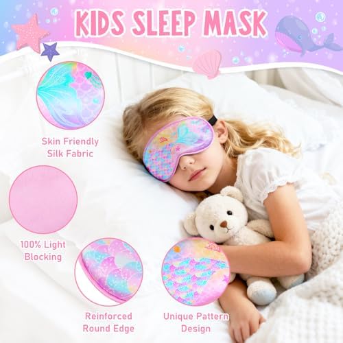OlyPegic 2 Pcs Kids Sleep Mask Girls Silk Eye Mask Sleeping with Adjustable Strap Soft Lightweight Kids Eye Cover Mask Blindfold Shade Light Blocking Travel and Home Use Girls Teens Rainbow Unicorn