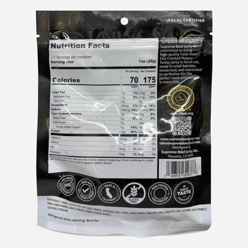 Supreme Beef Jerky, Halal Turkey Jerky, Zabiha Halal Certified Jerky, Gluten Free, Handcrafted Gourmet Meat Snacks, 2.5 oz Cracked Pepper Turkey, 2.5 Ounce, Pack of 1