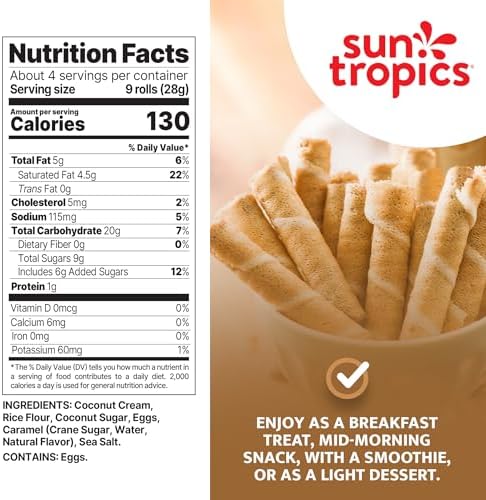 Sun Tropics CocoRolls Salted Caramel Flavor- 6 count, 4 oz each | Crisp Rolled Wafer Cookies, Coconut Rolls Made With Pure Coconut Cream | Gluten Free & Dairy Free Coconut Wafer Snack
