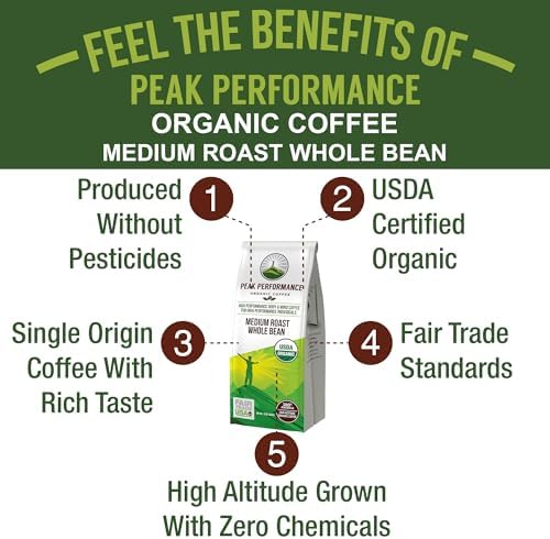 Peak Performance High Altitude Organic Coffee - Fair Trade, Low Acid, Non GMO, and Beans Full of Antioxidants - Medium Roast Smooth Tasting USDA Certified Organic Whole Bean Coffee Bag 12 oz