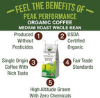 Peak Performance High Altitude Organic Coffee - Fair Trade, Low Acid, Non GMO, and Beans Full of Antioxidants - Medium Roast Smooth Tasting USDA Certified Organic Whole Bean Coffee Bag 12 oz