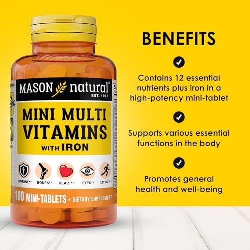 MASON NATURAL Daily Mini Multi Vitamins with Iron, Vitamins A, C, D, E, B1, B2, B3, B6, B12, Folate & Calcium, 100 Day Supply (1 Pack)