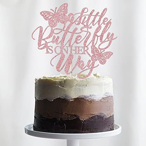 A Little Butterfly is on Her Way Cake Topper,Butterfly Themed Cake Decoration，Great for baby shower, welcome baby, gender reveal party decoration supplies (rose gold)
