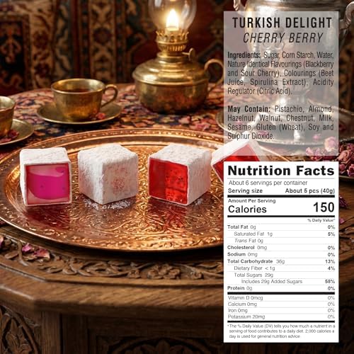 Hazer Baba Turkish Delight Candy, Blackberry & Sour Cherry Flavored, 8.8oz (Pack of 1), Gourmet Snack Box, Traditional, Vegan Snack, Turkish Lokum, Sweets, Loukumi, Delicias Turcas, Halal, Kosher